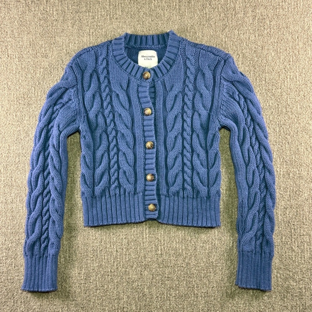 Abercrombie Fitch Blue Cable‎ Knit Crew Neck Cardigan Sweater Women's M - Picture 2 of 7